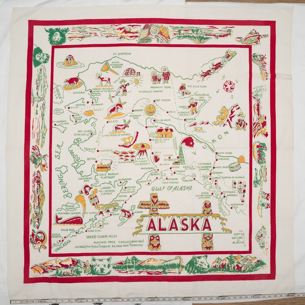 Vintage 1940's 1950's Alaska State‎ Pictorial Map Souvenir Table Tablecloth